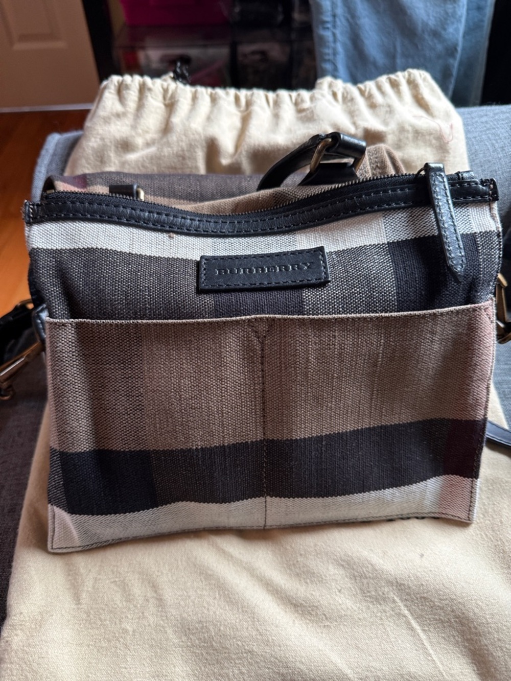Burberry Beige Plaid Canvas Tote with Black Trim and Red Accent - Picture 10 of 12